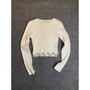 Lizette Collection Knit White Pullover Sweater Pearl Rhinestone Crew Neck L